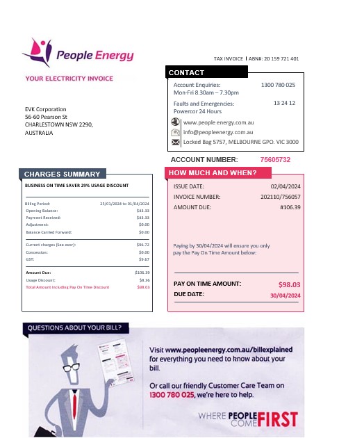 Australia People Energy electricity business utility bill template in Word and PDF format